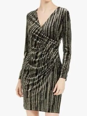 Calvin Klein Velvet Black & Gold Glitter Ruched Wrap Dress 4P NEW